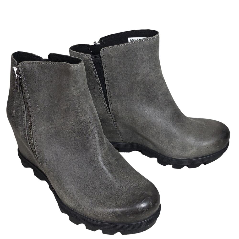 Sorel Joan of Arctic Wedge II Zip Grey Leather Ankle Boots Womens Size 6.5